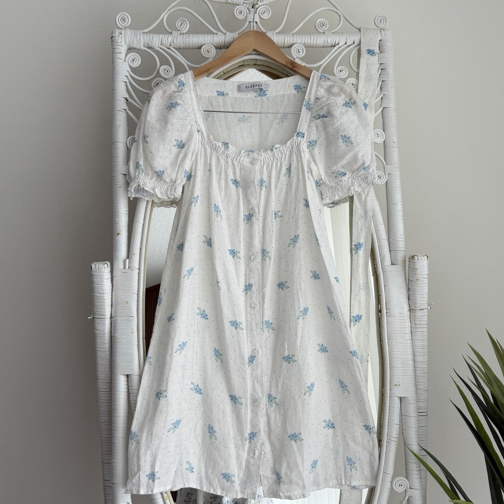 Sleeper Brigitte Mini Dress XS White Linen Floral Puff Sleeve Prairie Cottage